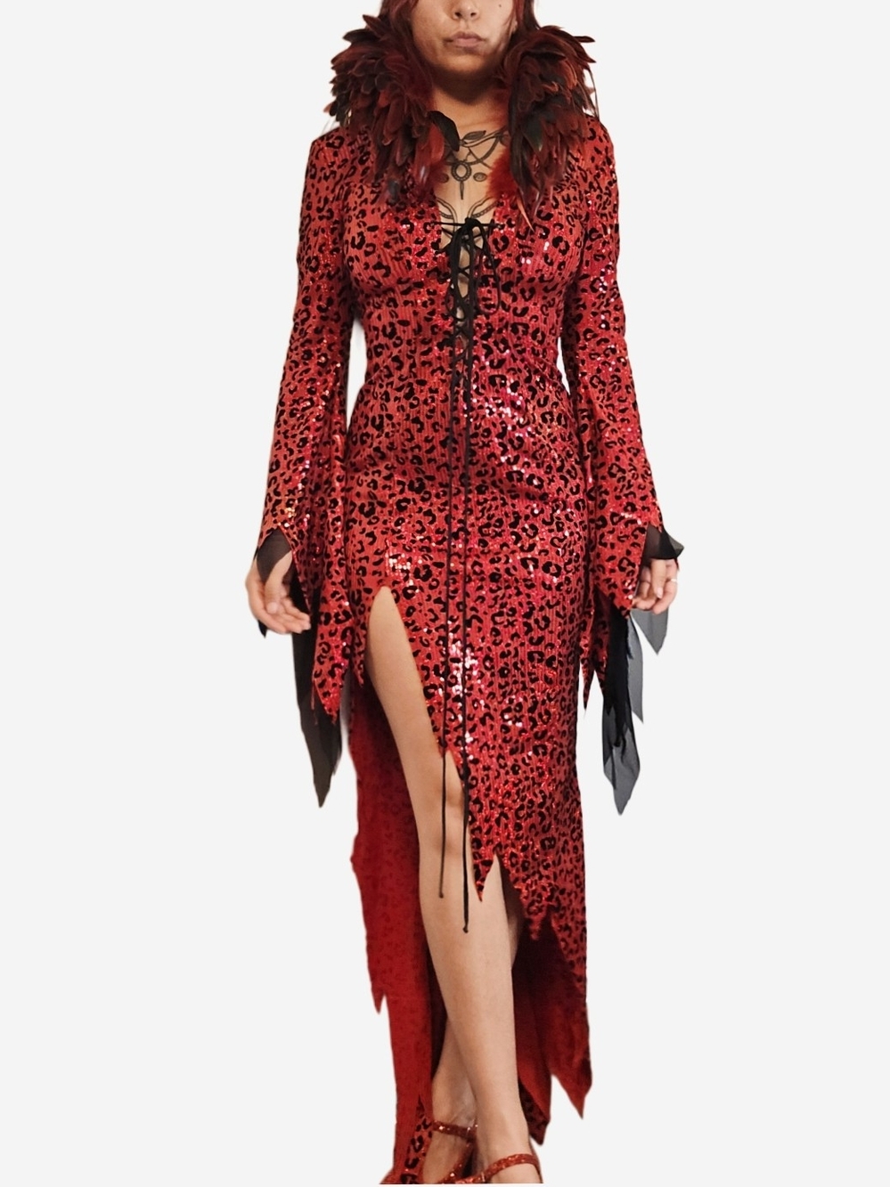 Glam Red Sequin Leopard Lace-Up Asymmetric Dress! - Picture 9 of 12